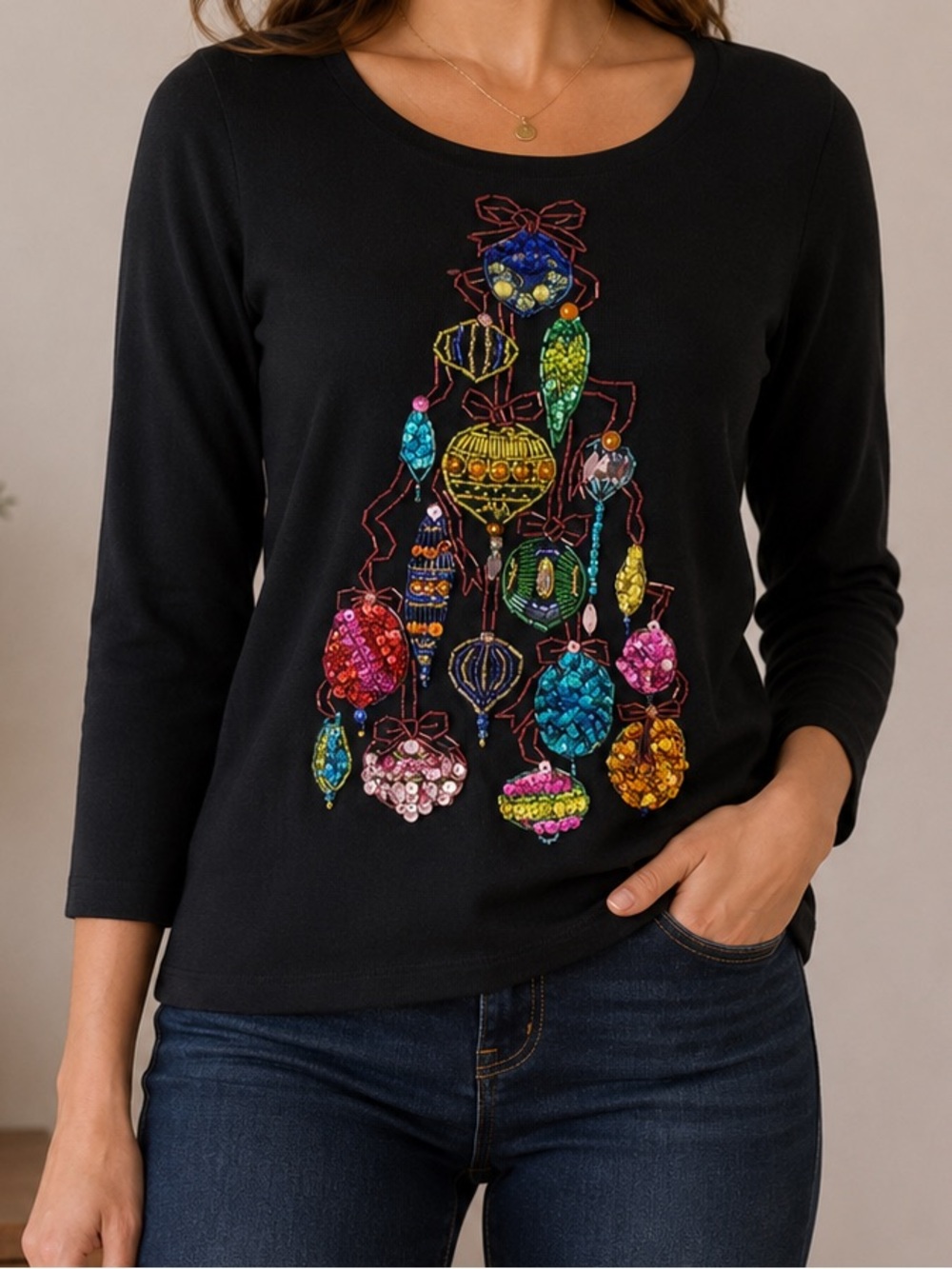 Lucia Burns black rayon sweater with a sequin and beaded Christmas tree design